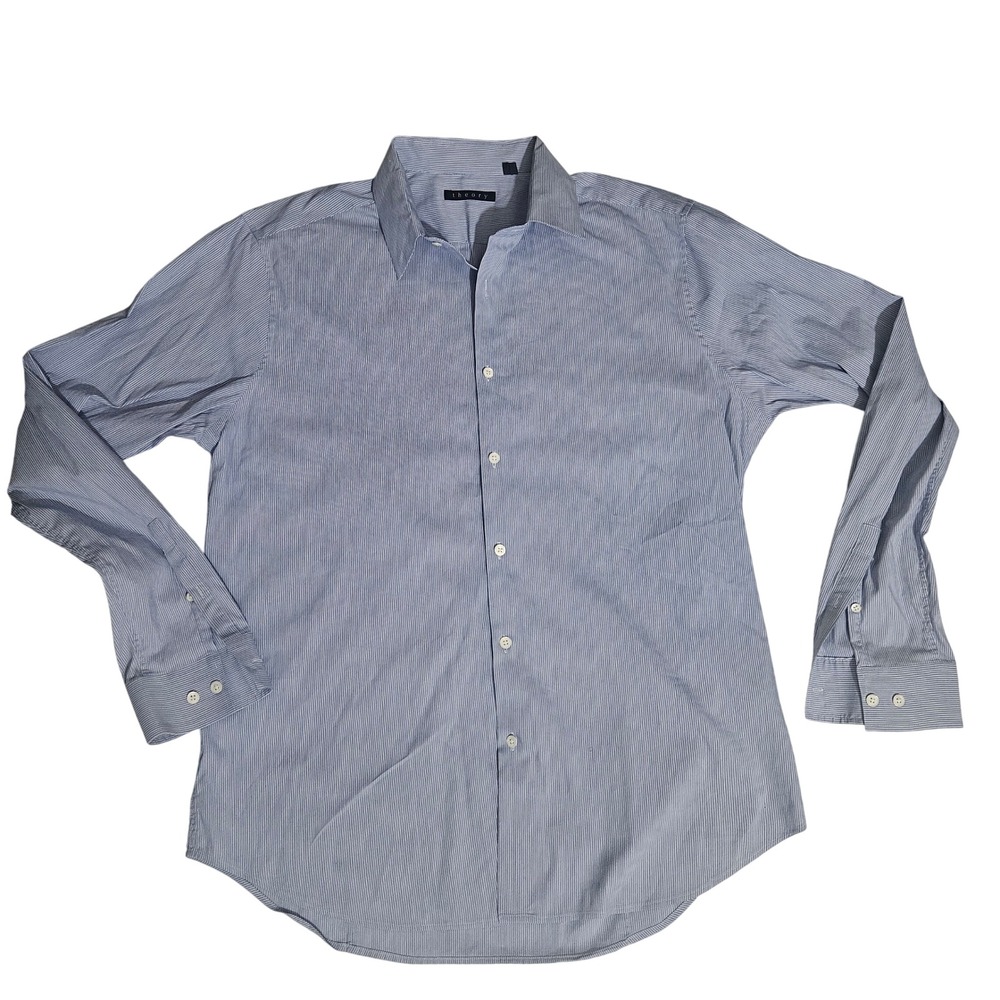 Theory Mens  XL Long Sleeve Button Down Micro Stripe Shirt Blue White